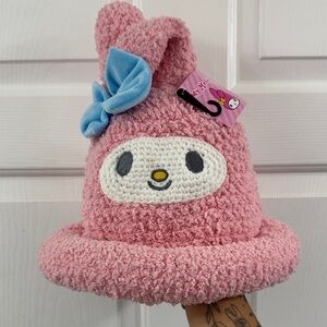 Sanrio My Melody Pink Plush Hat with Blue Bow Accent